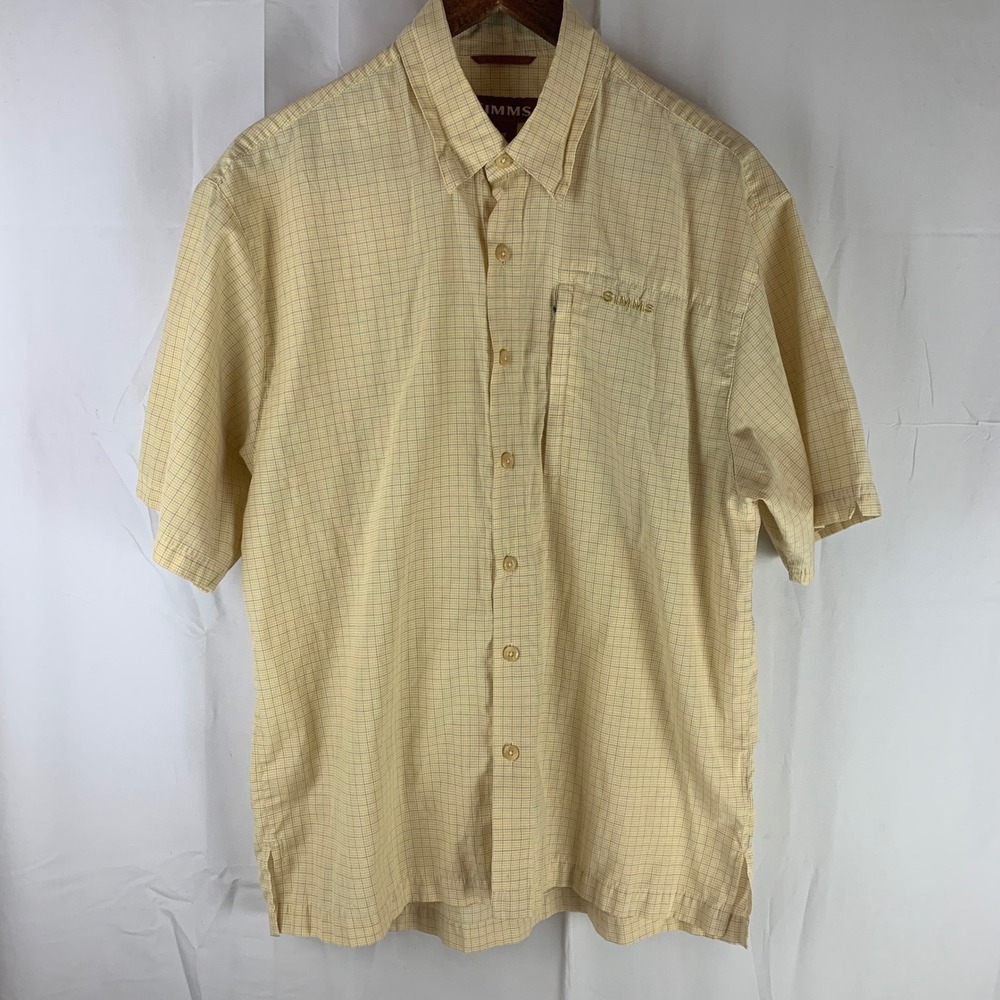 Simms Button Up‎ Shirt Mens Medium Yellow Grid Short Sleeve Fishing Pocket